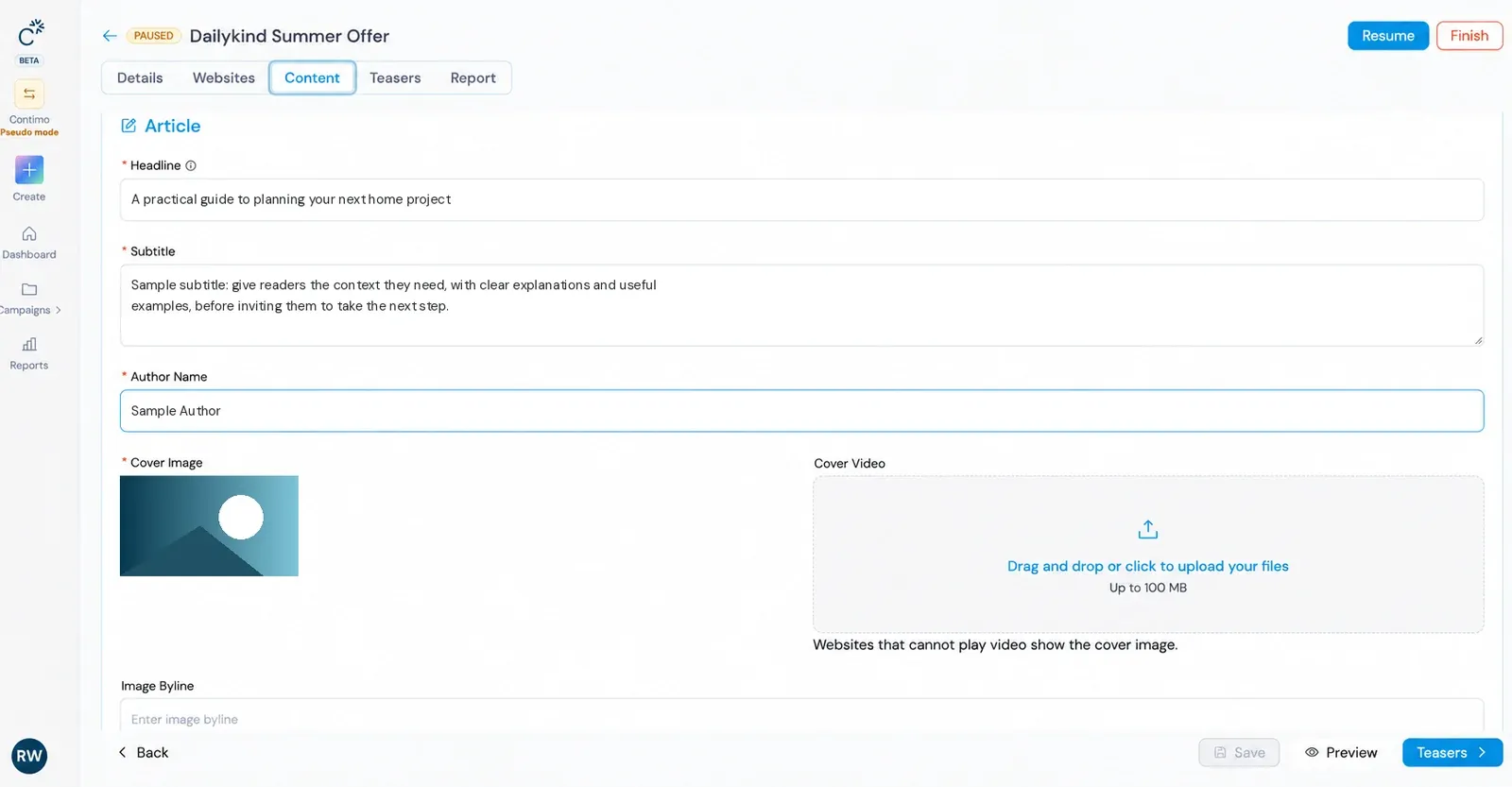 Contimo content editor for an advertorial, with fields for headline, subtitle, author name, cover image and cover video. Sample content shown.