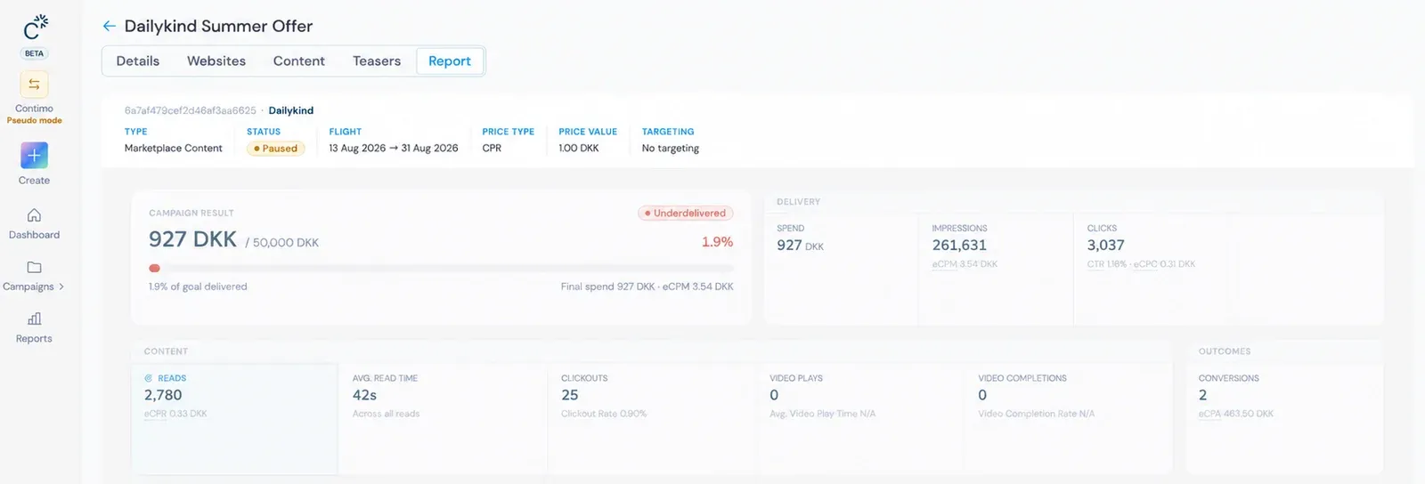 Contimo campaign report for a sample campaign, showing campaign result against goal, delivery metrics, content metrics such as reads and average read time, and conversions.